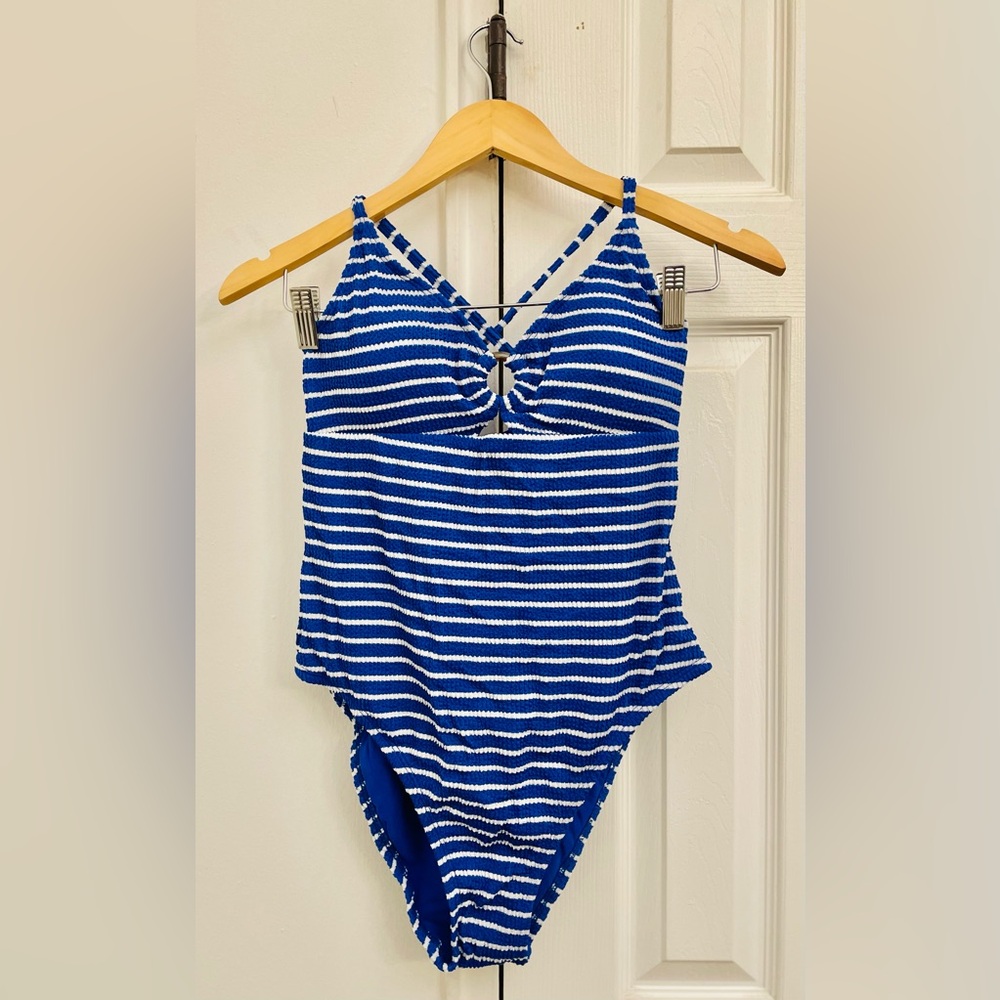 LUCKY BRAND Keyhole Blue and White Striped Swimsuit Large